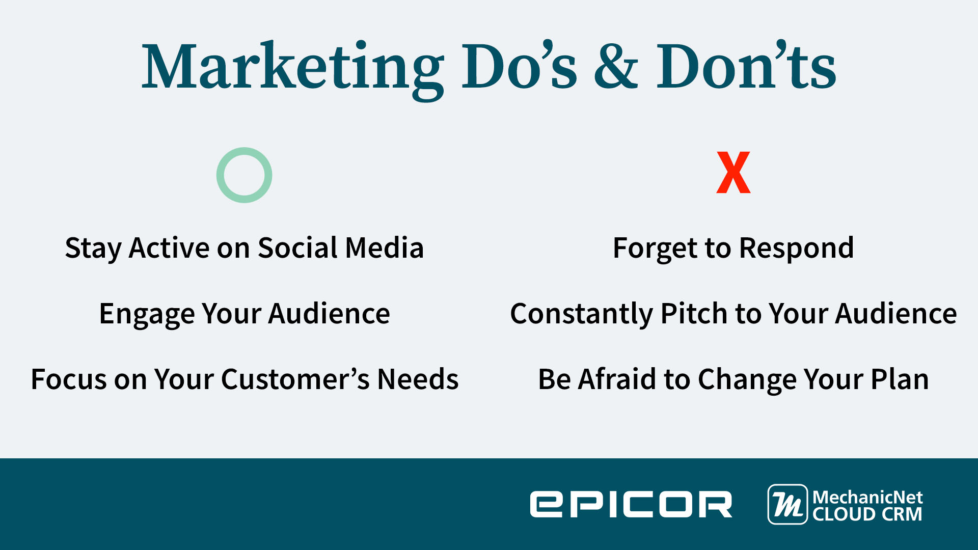 marketing do's and don'ts do: stay active on social media, engage your audience, focus on your customer's needs don't: forget to respond, constantly pitch to your audience, be afraid to change your plan